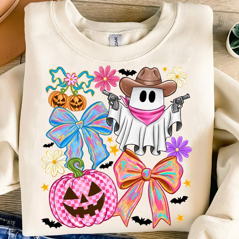 May include: Cream-coloured sweatshirt with a Halloween design. The graphic features a ghost in a cowboy hat holding guns, surrounded by pumpkins, bows, flowers, bats, and stars. The design is colourful and whimsical.