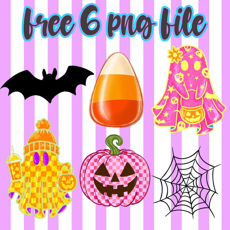 Puede incluir: Ilustraci&oacute;n digital con gr&aacute;ficos de Halloween. Incluye un murci&eacute;lago negro, caramelos de ma&iacute;z, un fantasma rosa, un fantasma con una bebida, una calabaza a cuadros rosa y una telara&ntilde;a. El texto "free 6 png file" est&aacute; en la parte superior. El fondo es de rayas rosas y blancas.