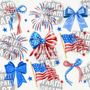 May include: A set of digital illustrations featuring red, white, and blue patriotic designs. The designs include a bow, fireworks, and the American flag.