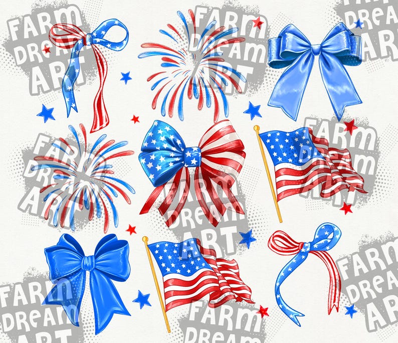 May include: A set of digital illustrations featuring red, white, and blue patriotic designs. The designs include a bow, fireworks, and the American flag.
