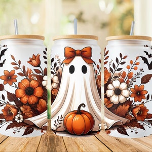 Autumn Pumpkin ghost 16oz Glass Cup Wrap Png, Sublimation Design, 16oz Glass Cup Png, Fall Pumpkin, Autumn ghost,Trendy Png,Sublimate Design