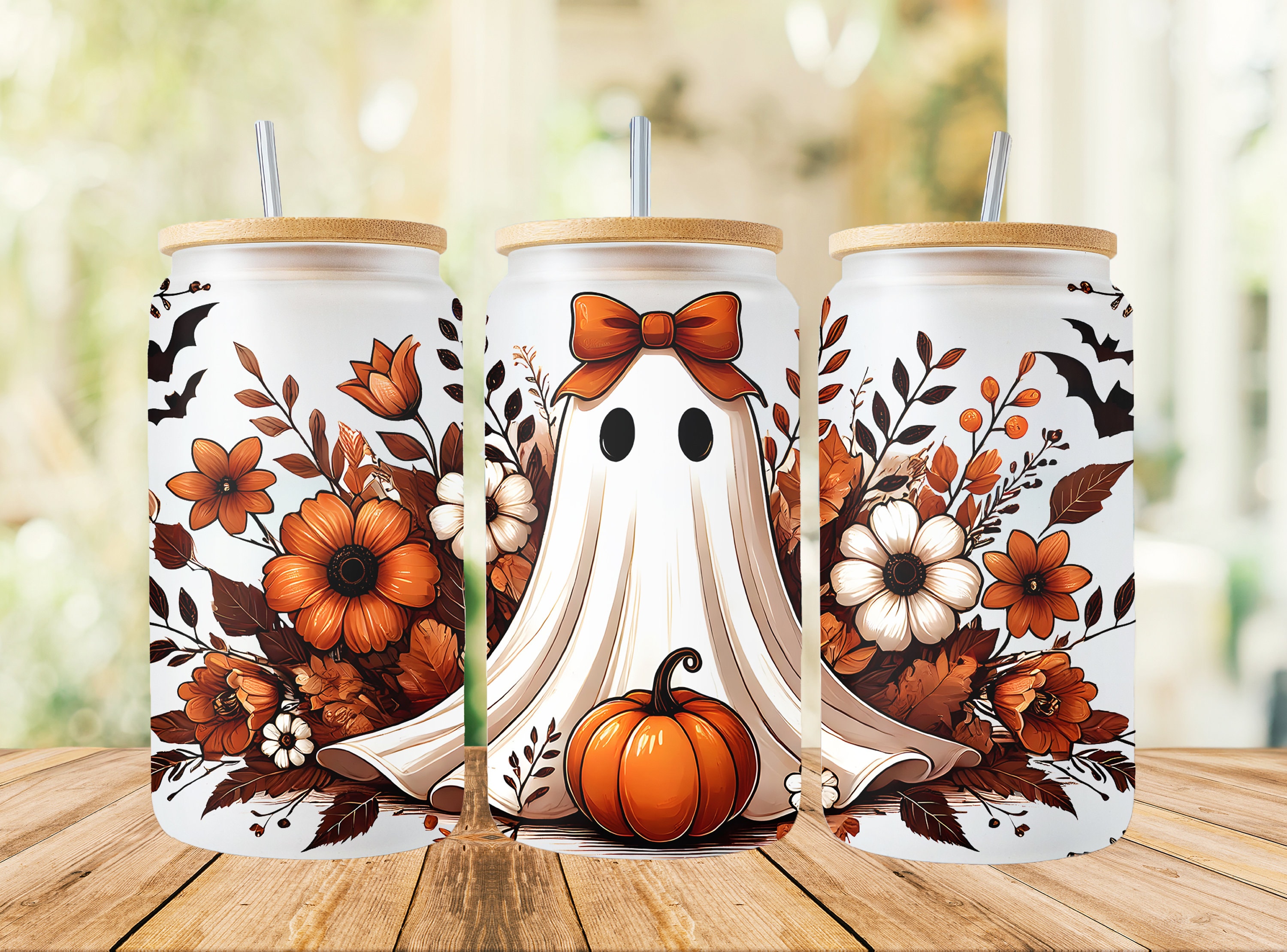 Autumn Pumpkin ghost 16oz Glass Cup Wrap Png, Sublimation Design, 16oz Glass Cup Png, Fall Pumpkin, Autumn ghost,Trendy Png,Sublimate Design