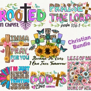 May include: A Christian-themed bundle featuring various designs with crosses, flowers, and inspirational phrases like "Rooted in Christ" and "Praise the Lord." The designs incorporate floral and leopard print elements, with butterflies and hearts.