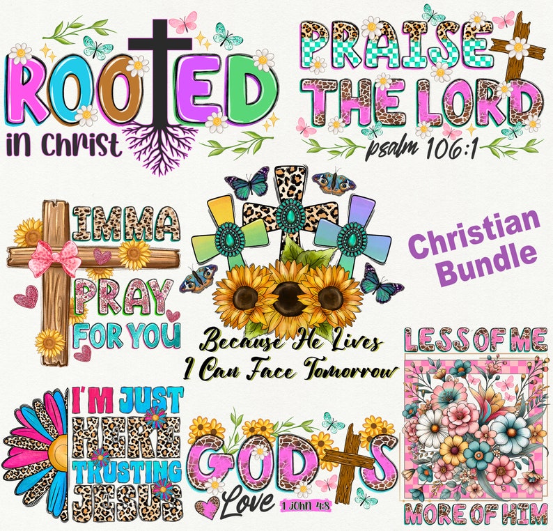 May include: A Christian-themed bundle featuring various designs with crosses, flowers, and inspirational phrases like "Rooted in Christ" and "Praise the Lord." The designs incorporate floral and leopard print elements, with butterflies and hearts.