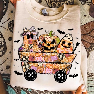 Preppy Halloween PNG,Halloween Wagon Sublimation,Ghost Pumpkin Candy Corn,Spooky Cute PNG Design,Trick Or Treat Clipart,Patchwork Halloween