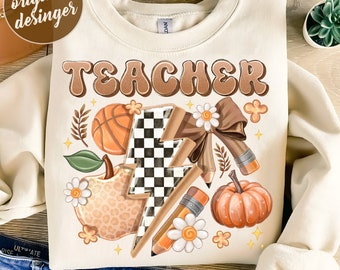 Fall Teacher lightening png sublimation design download, Fall png, Fall vibes png, Autumn png, Autumn Design Teacher png, sublimate designs