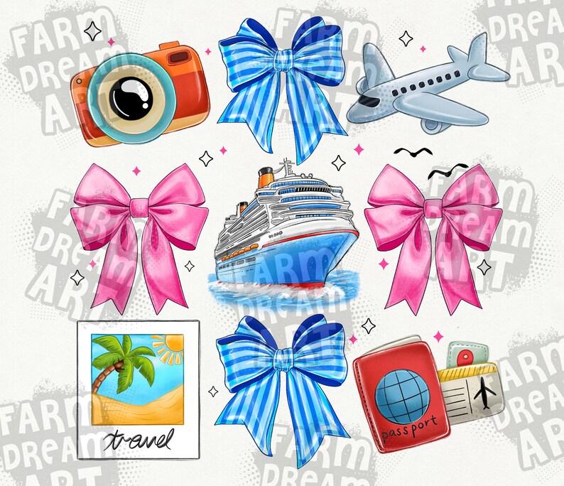 Puede incluir: Un conjunto de clipart digital con tem&aacute;tica de viajes que incluye un lazo azul y blanco a rayas, un lazo rosa, una c&aacute;mara, un crucero, un pasaporte, un avi&oacute;n, una palmera en una playa y la palabra "viaje" en un marco de foto.