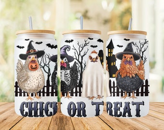 Chick or Treat 16oz Glass Cup Wrap Png, Sublimation Design, 16oz Glass Cup Png, Spooky Chicken Png, Halloween Chicken Png, Sublimate Design