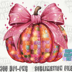 May include: A digital illustration of a pumpkin with a mosaic pattern in shades of orange, pink, and purple. A large pink bow adorns the top, and the image includes the text "300 DPI-PNG SUBLIMATION FILE".
