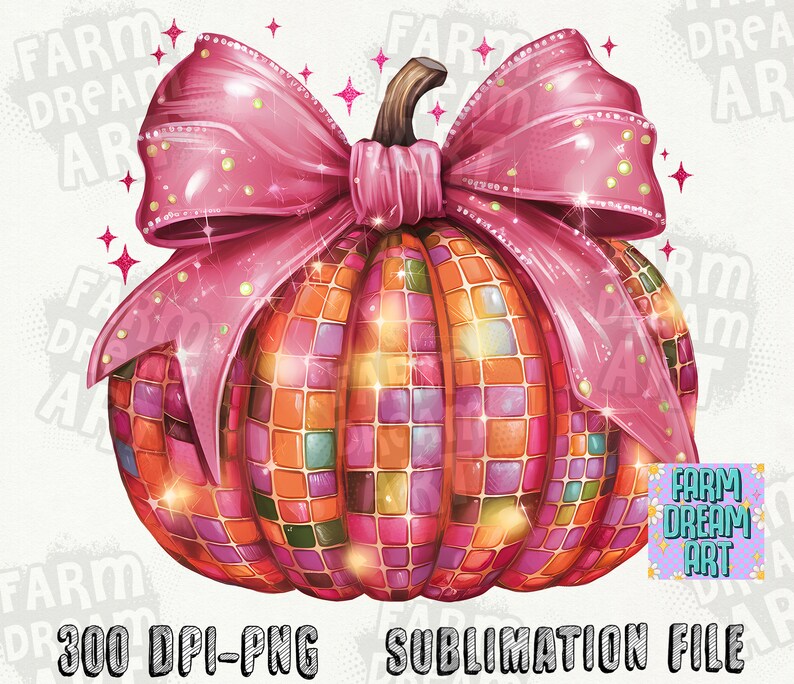 May include: A digital illustration of a pumpkin with a mosaic pattern in shades of orange, pink, and purple. A large pink bow adorns the top, and the image includes the text "300 DPI-PNG SUBLIMATION FILE".