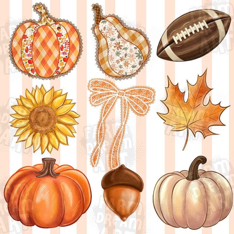 May include: A collection of fall-themed illustrations featuring pumpkins, a football, a sunflower, a bow, a maple leaf, and an acorn. The pumpkins have various designs, including plaid and floral patterns, and the color palette is dominated by orange, brown, and yellow.