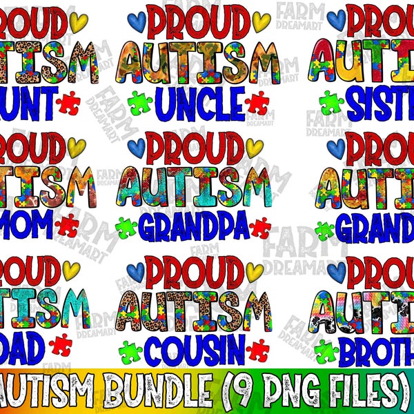 Proud Autism Family Bundle Heart and Puzzle Piece Design Proud Autism mom png sublimation design download, Autism Awareness png