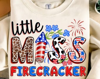 Little Miss Firecracker PNG,4th of July Girl Sublimation,Patriotic Toddler PNG,Red White and Blue Sublimation,USA Fireworks Sublimation