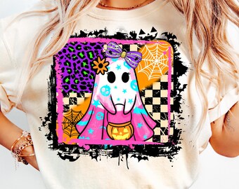 Cute Ghost Halloween PNG,Kawaii Ghost Sublimation Design,Halloween Grunge Digital File,Trick Or Treat PNG,Ghost With Coquette Bow PNG