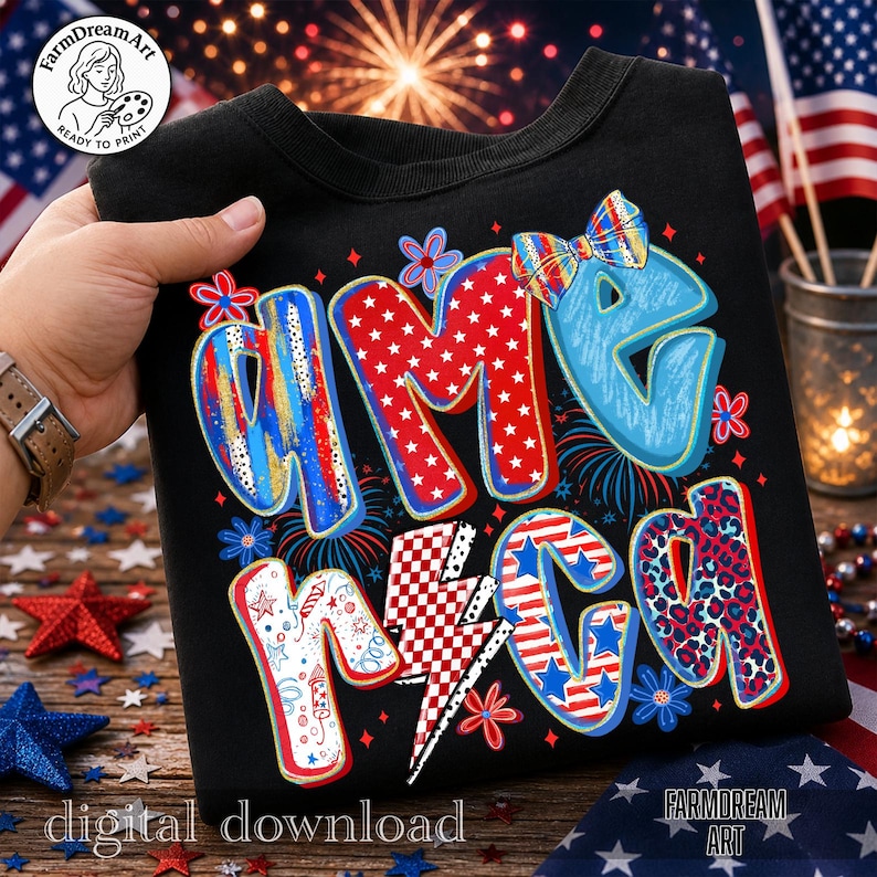 May include: Black t-shirt with a colorful "AMERICA" graphic design. The letters are decorated with stars, stripes, and patterns in red, white, and blue. The shirt has a crew neck and is a digital download.