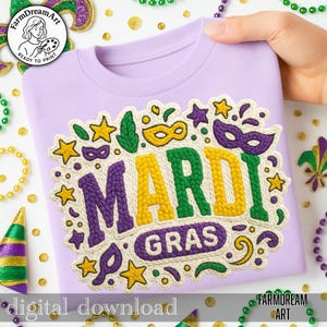 May include: A light purple t-shirt with a Mardi Gras design. The design features the words "MARDI GRAS" in yellow, green, and purple, surrounded by stars, masks, and decorative elements. The words "digital download" are at the bottom.