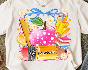 Back to School Png,Teacher Name Png,Personalized Teacher Sublimation,Teacher Shirt PNG File,Apple Pencil Bow PNG,School Coquette Design Png