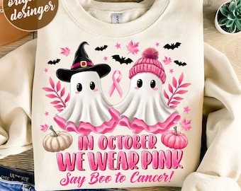 in october we wear pink ghost PNG breast cancer awareness clipart halloween cute spooky season PNG say boo to cancer is boo sheet digital