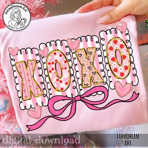 May include: Pale pink t-shirt featuring a large "XOXO" design. The letters are decorated with patterns, including strawberries, cherries, and hearts. A pink bow and hearts accent the design. The words "digital download" and "FarmDream Art" are also visible.