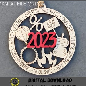 Ornamento svg de 2023, arquivo digital de ornamento temático de revisão do ano de 2023, etiqueta de presente svg, arquivo de corte a laser de corte e pontuação fácil testado no Glowforge