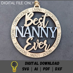 Meilleur svg ornement de nounou, breloque voiture, svg grand-mère, cadeau soignant, fichier découpé au laser en téléchargement numérique testé sur Glowforge