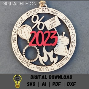 2023 ornament svg, 2023 year in review themed ornament DIGITAL FILE, Gift tag svg, Easy Cut and score laser cut file tested on Glowforge