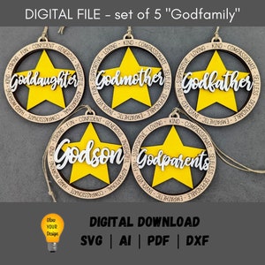 Pacote svg de ornamentos de família de padrinhos, padrinho, madrinha, afilhada, afilhado, pacote svg de padrinhos, svg de enfeites de carro, arquivo Glowforge de corte e pontuação