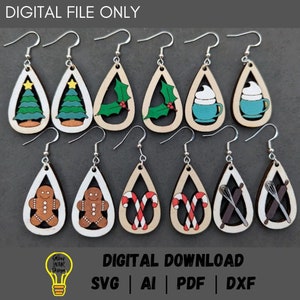 May include: Set of 8 digital cut files for Christmas themed earrings. The designs include a Christmas tree, holly, a cup of hot chocolate with whipped cream, a gingerbread man, candy canes, and a whisk and rolling pin.
