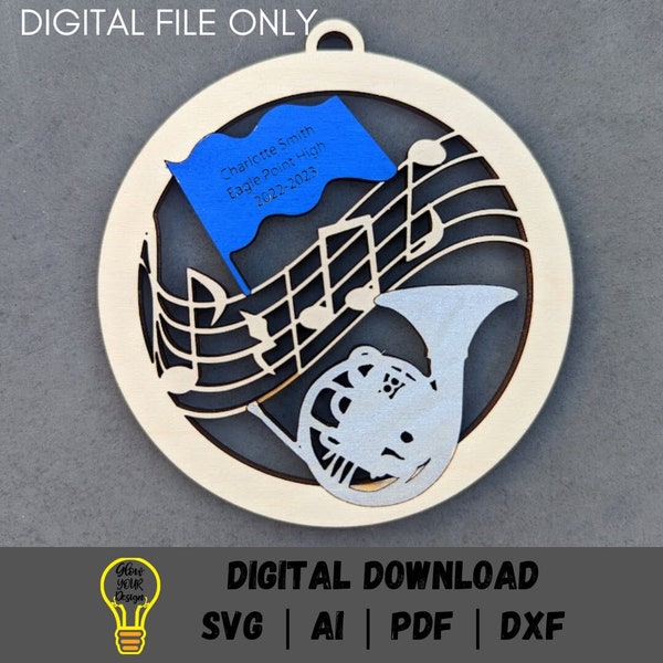 Band svg, Waldhorn digitale Datei, Band Instrument Ornament, Geschenk für Bandmitglied, kann personalisiert werden, Laser cut Datei, getestet auf Glowforge,