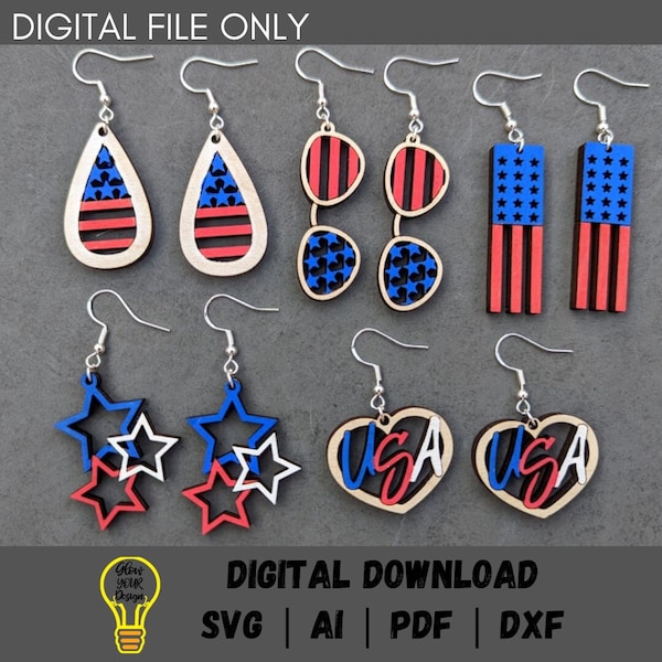 4th of July earring SVG bundle, Set of 5 patriotic earrings digital file, Cut & score SVG laser cut file for laser engravers