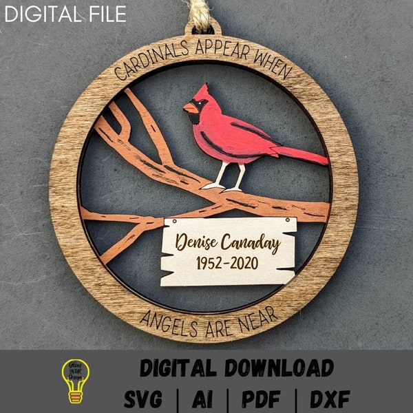 Memorial ornament svg, Ornament or car charm digital file, Cardinal ornament laser cut file, Can be personalized, Glowforge ready