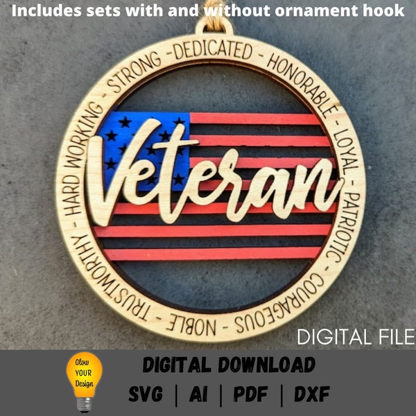 Veteran car charm svg, Military svg, Veteran double layer ornament with flag background, Cut and score cut file designed for Glowforge