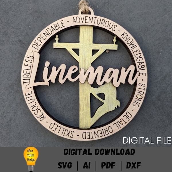 Lineman svg, Ornament file, Powerline technician or Electrician svg, Car charm svg, Cut and Score Laser cut file designed for Glowforge