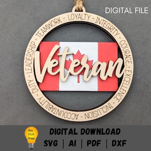 Canada veteraan auto charme svg, Canadese veteraan dubbellaags ornament met vlag achtergrond, knippen en scoren lasergesneden bestand getest op Glowforge