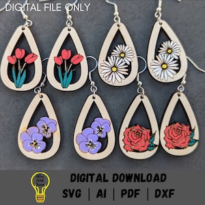 Kolczyki svg, Kolczyki z kwiatami PLIK CYFROWY, Plik SVG do cięcia laserowego, Prezent na dzień matki svg, Daisy Rose Violet Tulip Wytnij i natnij plik Glowforge