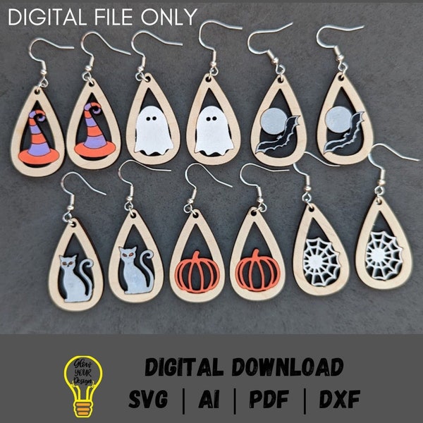 Halloween earring SVG bundle - Set of 6 earring file including pumpkin, bat, cat, ghost, witch hat, spiderweb - Cut & score laser cut file