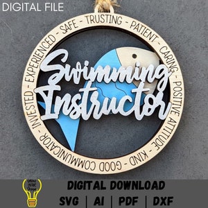 Swimming Instructor svg, Gift for Swim Teacher DIGITAL FILE, Ornament or Car charm svg - Cut and Score Laser cut file tested on Glowforge
