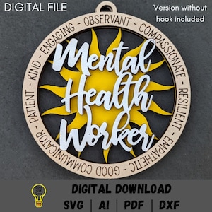 Trabajador de salud mental SVG, adorno de regalo para MHW o técnico psiquiátrico, amuleto para automóvil svg, puntaje rápido y archivo de corte láser diseñado para Glowforge