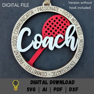 Tennis svg, Gift for Tennis Coach. Ornament or Car charm svg, Customizable with name or message, cut & score only, Glowforge laser cut file