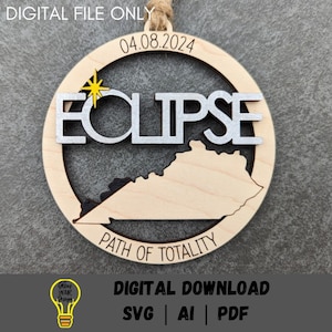 2024 Eclipse Souvenir SVG, Estado de Kentucky svg com Path of Totality ARQUIVO DIGITAL, Ornamento/Ímã lembrança arquivo cortado a laser