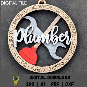 Archivo svg de adorno de plomero, archivo digital de regalo para plomero, adorno o dije para automóvil svg, descarga digital de corte y marcado Hecho para Glowforge