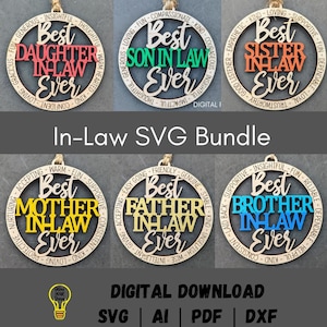 Lot de 6 ornements de la belle-famille, lot de 6 ornements familiaux, cadeau svg breloque voiture mère père soeur beau-frère. Fichier numérique Glowforge