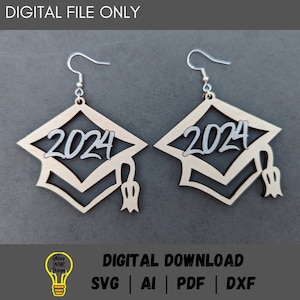 Grad earrings svg, 2024 graduate digital file, Mortarboard cap SVG laser cut file, Quick cut earring file, Glowforge digital download