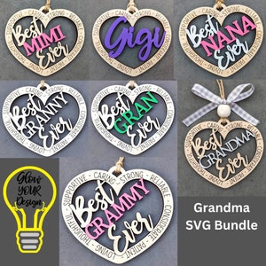 May include: A set of ten SVG cut files for creating wooden heart ornaments. Each ornament features a different title, such as "Best Mimi Ever", "Best Gigi Ever", "Best Nana Ever", "Best Granny Ever", "Best Gran Ever", "Best Grandma Ever", and "Best Grammy Ever". The ornaments are designed to be personalized with names and can be used for a variety of occasions.