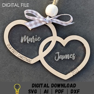 Coração de casal svg, arquivo digital de enfeite de dia dos namorados personalizado, 2023 enfeite de casal lembrança svg, download digital projetado para Glowforge