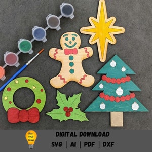 Kit de peinture svg, svg de Noël, fichier numérique artisanal pour enfants, bonhomme en pain d'épice étoile arbre couronne de houx svg, téléchargement numérique conçu pour Glowforge