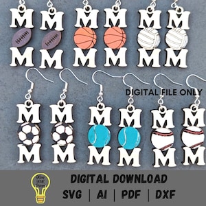 Sports earrings svg, Mom earrings DIGITAL FILE, SVG laser cut file, Mother&#39;s day gift svg, Sports ball svg, Cut and score Glowforge file