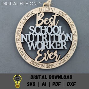 Svg d'employé de nutrition scolaire, fichier numérique de breloque de voiture d'employé de cafétéria de dame de déjeuner, fichier découpé au laser de coupe et de score testé sur Glowforge