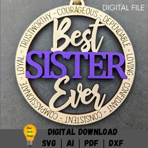 Adorno svg para la mejor hermana del mundo, adorno svg para coche, svg para hermana, adorno para regalo de hermana, svg Glowforge, descarga digital solo para cortar y marcar