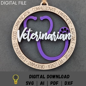 File di ornamento svg veterinario, regalo per veterinario o dottore per animali, ciondolo o ornamento per auto svg, DOWNLOAD DIGITALE di Score & Cut Realizzato per Glowforge